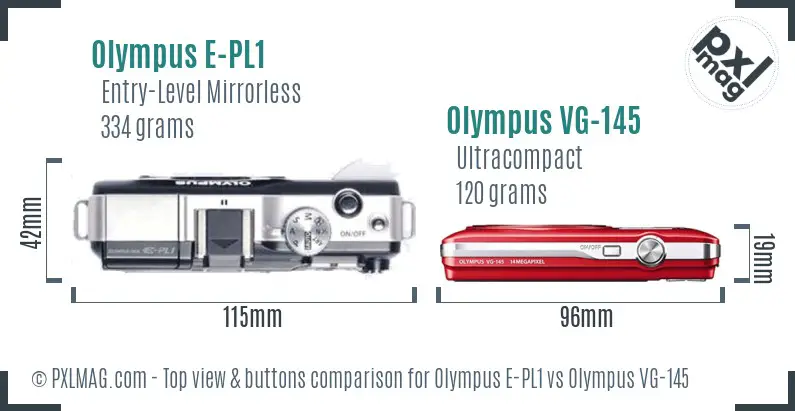 Olympus E-PL1 vs Olympus VG-145 top view buttons comparison