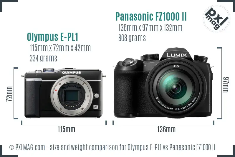Olympus E-PL1 vs Panasonic FZ1000 II size comparison