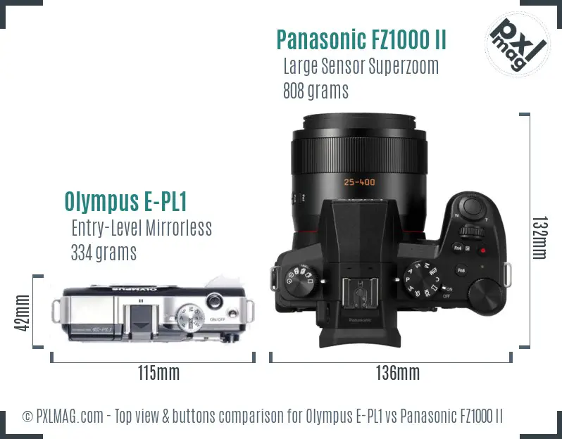 Olympus E-PL1 vs Panasonic FZ1000 II top view buttons comparison