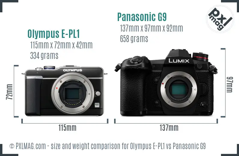 Olympus E-PL1 vs Panasonic G9 size comparison
