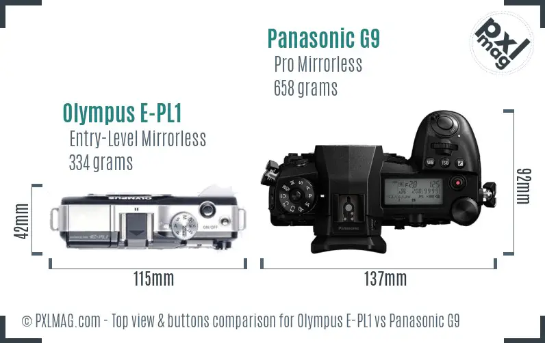Olympus E-PL1 vs Panasonic G9 top view buttons comparison
