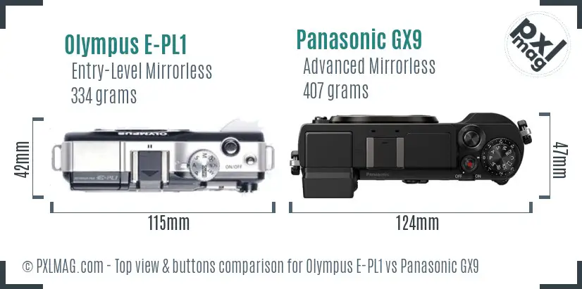 Olympus E-PL1 vs Panasonic GX9 top view buttons comparison