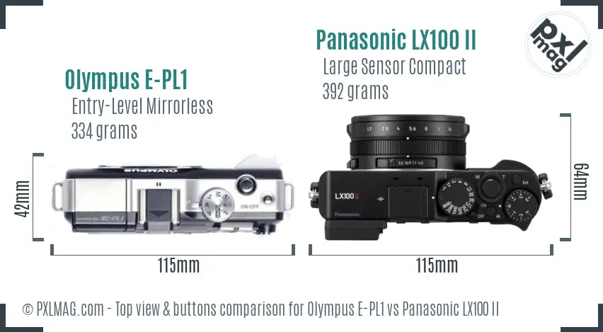 Olympus E-PL1 vs Panasonic LX100 II top view buttons comparison
