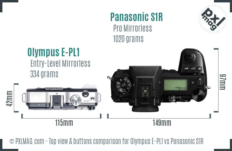 Olympus E-PL1 vs Panasonic S1R top view buttons comparison