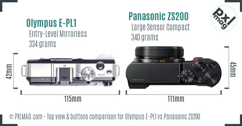 Olympus E-PL1 vs Panasonic ZS200 top view buttons comparison