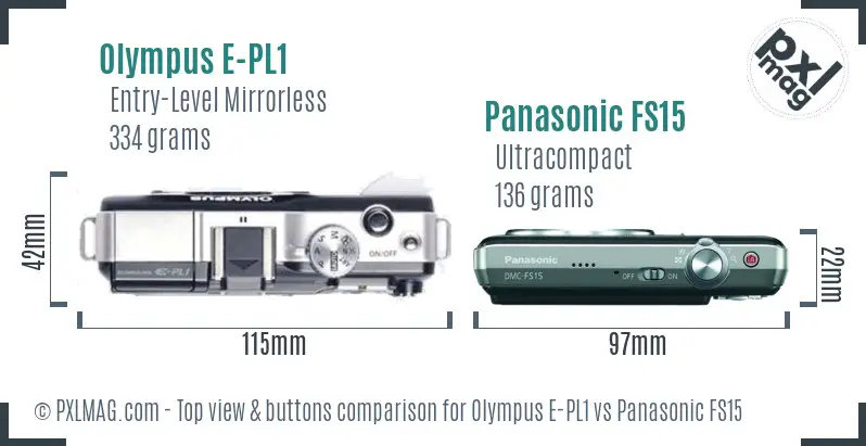 Olympus E-PL1 vs Panasonic FS15 top view buttons comparison