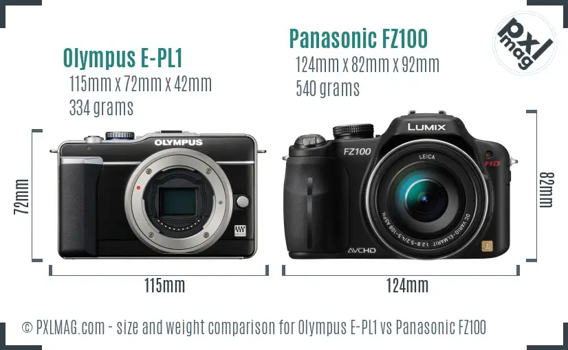 Olympus E-PL1 vs Panasonic FZ100 size comparison