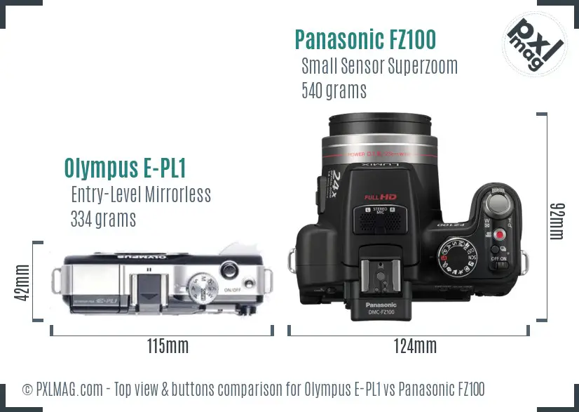 Olympus E-PL1 vs Panasonic FZ100 top view buttons comparison