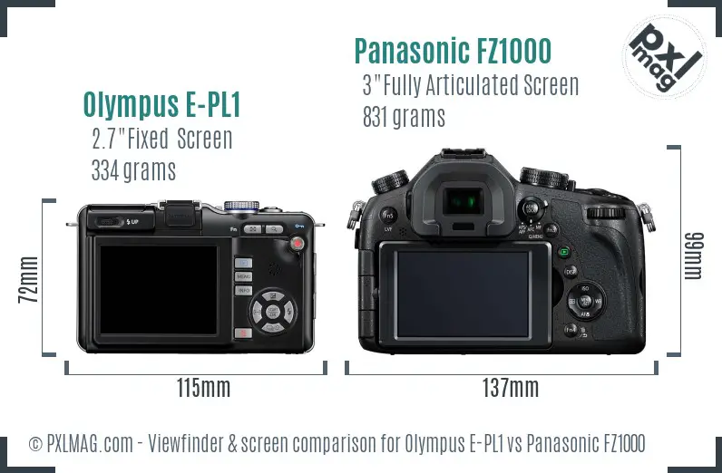 Olympus E-PL1 vs Panasonic FZ1000 Screen and Viewfinder comparison