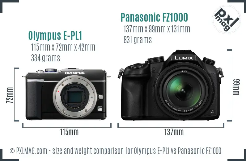 Olympus E-PL1 vs Panasonic FZ1000 size comparison
