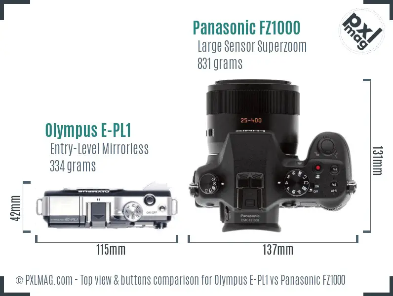 Olympus E-PL1 vs Panasonic FZ1000 top view buttons comparison