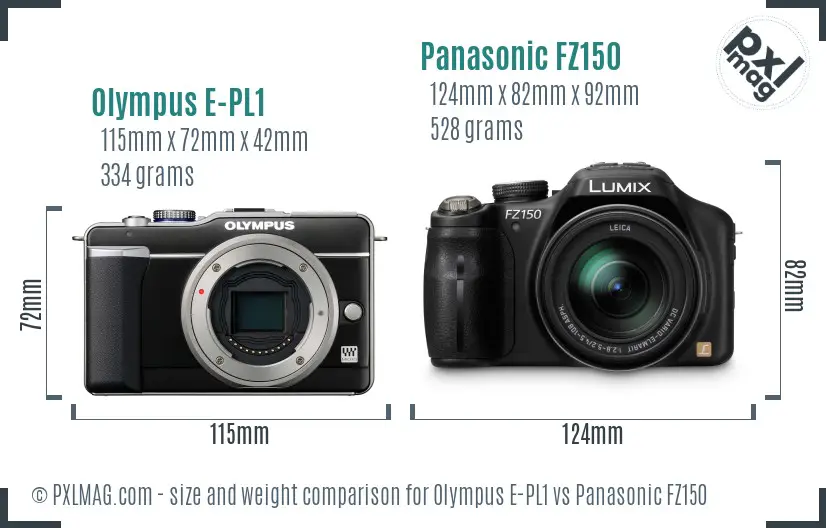 Olympus E-PL1 vs Panasonic FZ150 size comparison