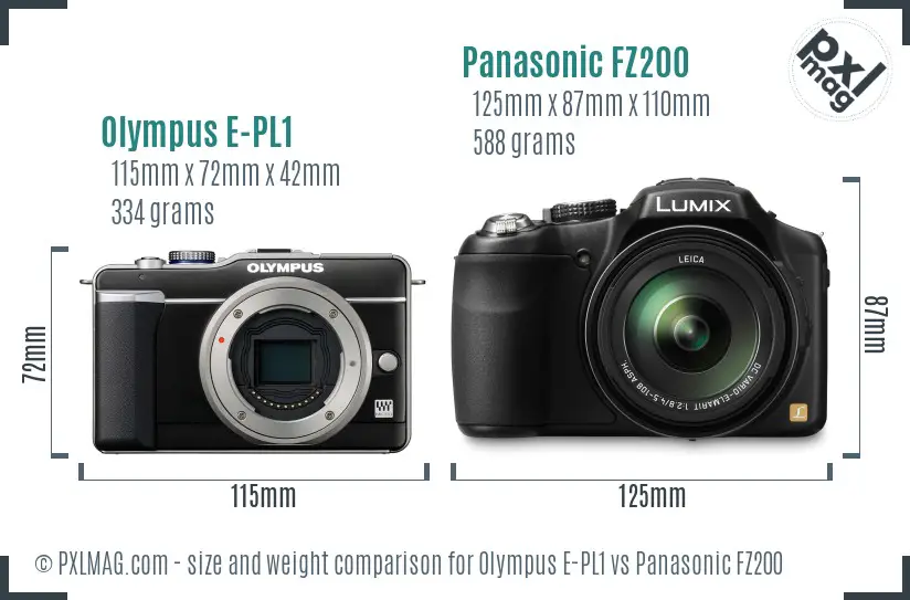 Olympus E-PL1 vs Panasonic FZ200 size comparison