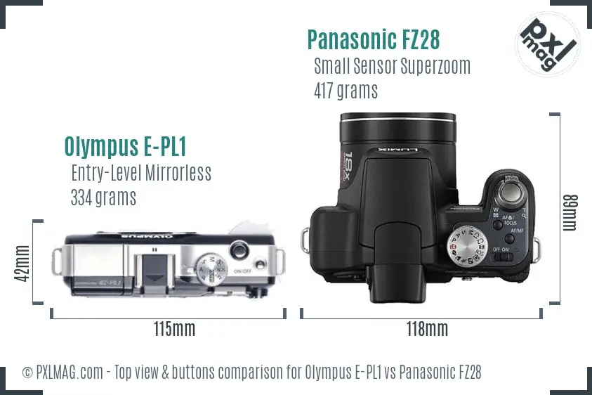 Olympus E-PL1 vs Panasonic FZ28 top view buttons comparison