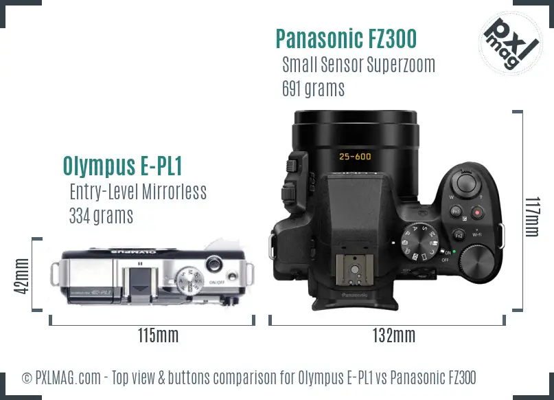 Olympus E-PL1 vs Panasonic FZ300 top view buttons comparison