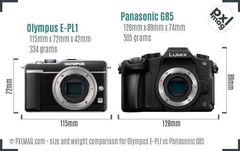 Olympus E-PL1 vs Panasonic G85 size comparison