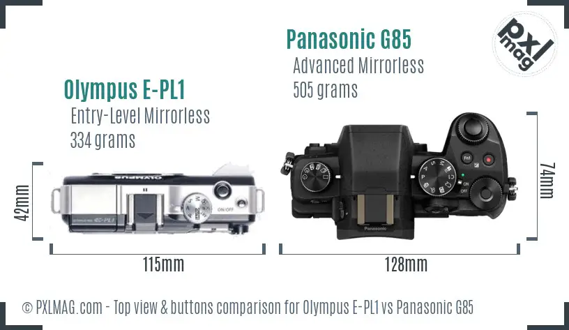 Olympus E-PL1 vs Panasonic G85 top view buttons comparison