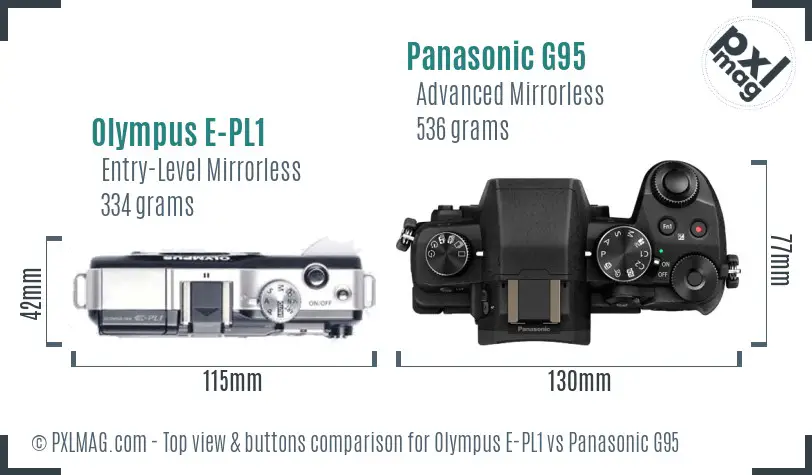 Olympus E-PL1 vs Panasonic G95 top view buttons comparison