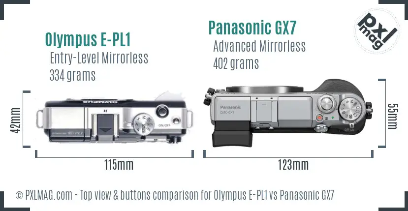 Olympus E-PL1 vs Panasonic GX7 top view buttons comparison
