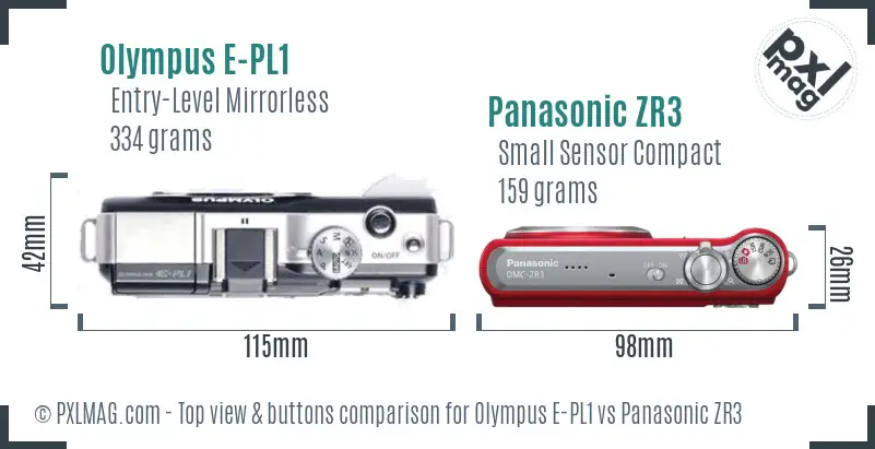 Olympus E-PL1 vs Panasonic ZR3 top view buttons comparison