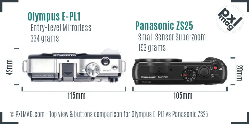 Olympus E-PL1 vs Panasonic ZS25 top view buttons comparison