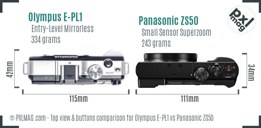 Olympus E-PL1 vs Panasonic ZS50 top view buttons comparison