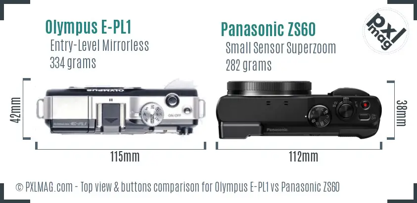 Olympus E-PL1 vs Panasonic ZS60 top view buttons comparison