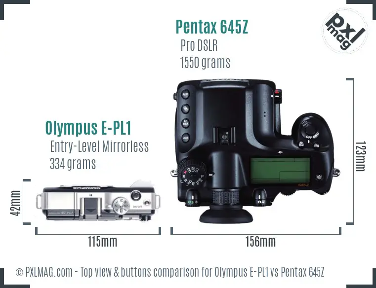 Olympus E-PL1 vs Pentax 645Z top view buttons comparison