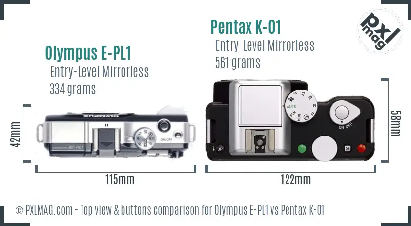Olympus E-PL1 vs Pentax K-01 top view buttons comparison