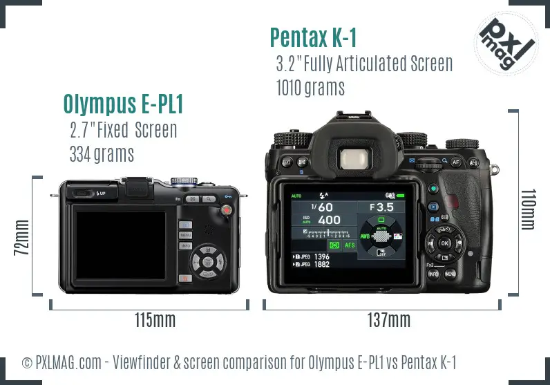 Olympus E-PL1 vs Pentax K-1 Screen and Viewfinder comparison