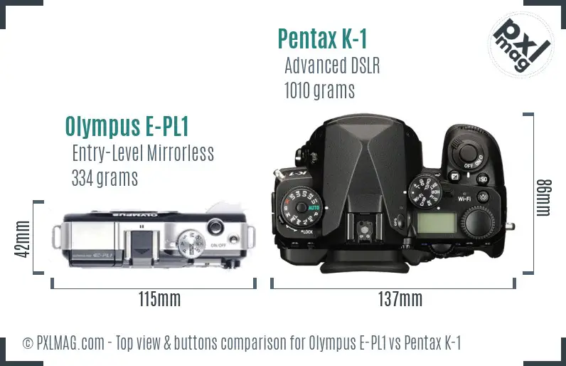Olympus E-PL1 vs Pentax K-1 top view buttons comparison