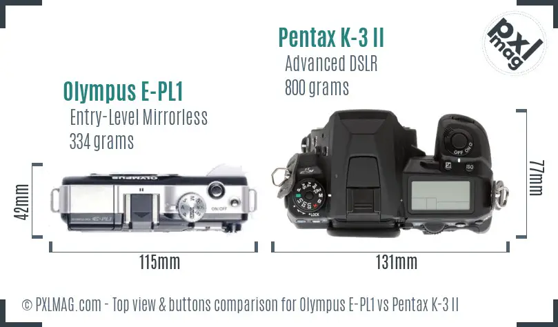 Olympus E-PL1 vs Pentax K-3 II top view buttons comparison