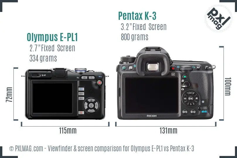 Olympus E-PL1 vs Pentax K-3 Screen and Viewfinder comparison