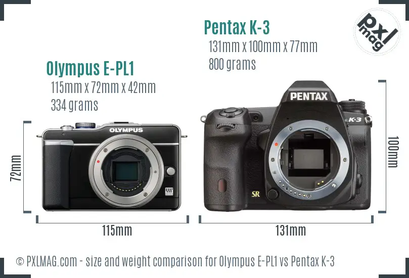 Olympus E-PL1 vs Pentax K-3 size comparison