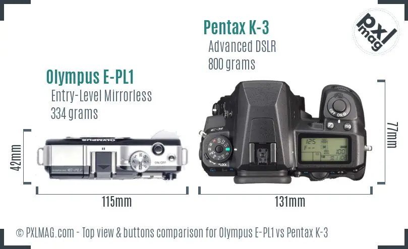 Olympus E-PL1 vs Pentax K-3 top view buttons comparison