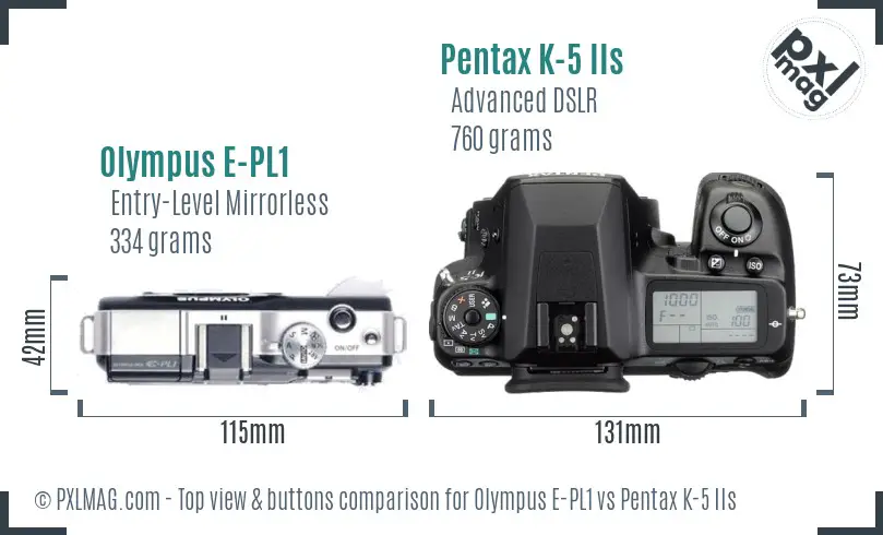 Olympus E-PL1 vs Pentax K-5 IIs top view buttons comparison
