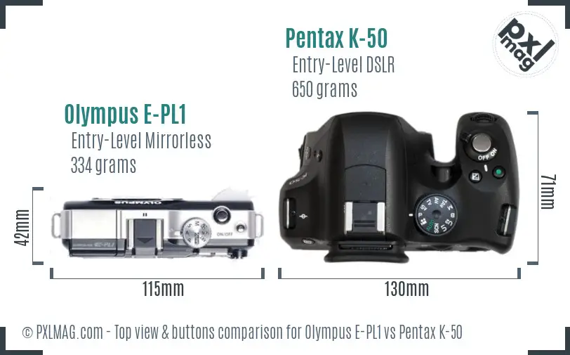 Olympus E-PL1 vs Pentax K-50 top view buttons comparison