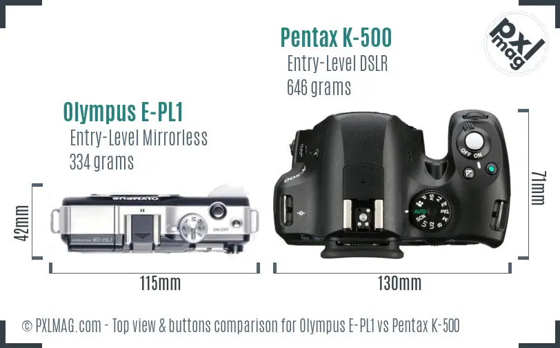 Olympus E-PL1 vs Pentax K-500 top view buttons comparison