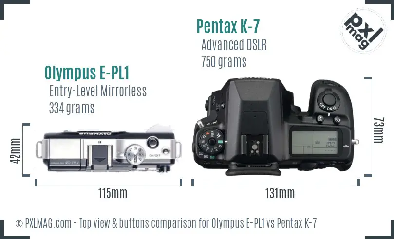 Olympus E-PL1 vs Pentax K-7 top view buttons comparison