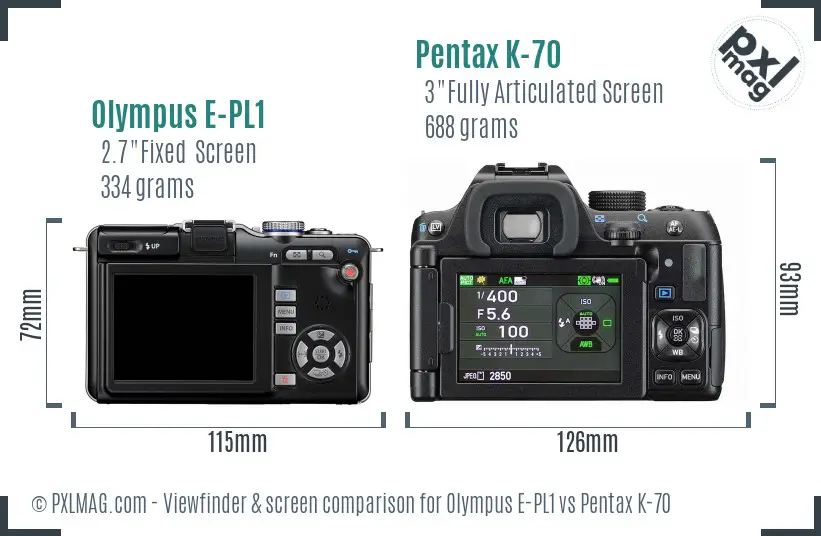 Olympus E-PL1 vs Pentax K-70 Screen and Viewfinder comparison