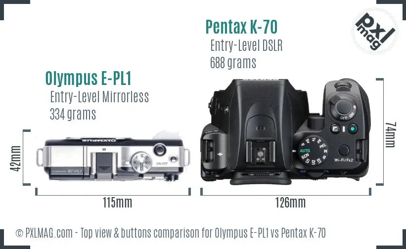 Olympus E-PL1 vs Pentax K-70 top view buttons comparison