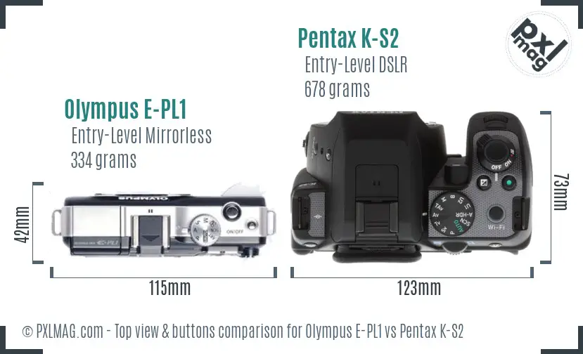 Olympus E-PL1 vs Pentax K-S2 top view buttons comparison