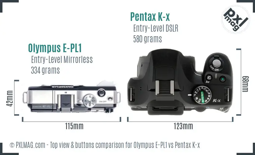 Olympus E-PL1 vs Pentax K-x top view buttons comparison