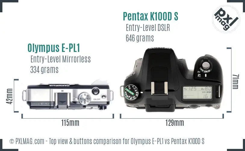 Olympus E-PL1 vs Pentax K100D S top view buttons comparison