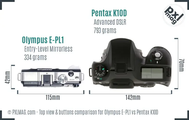 Olympus E-PL1 vs Pentax K10D top view buttons comparison