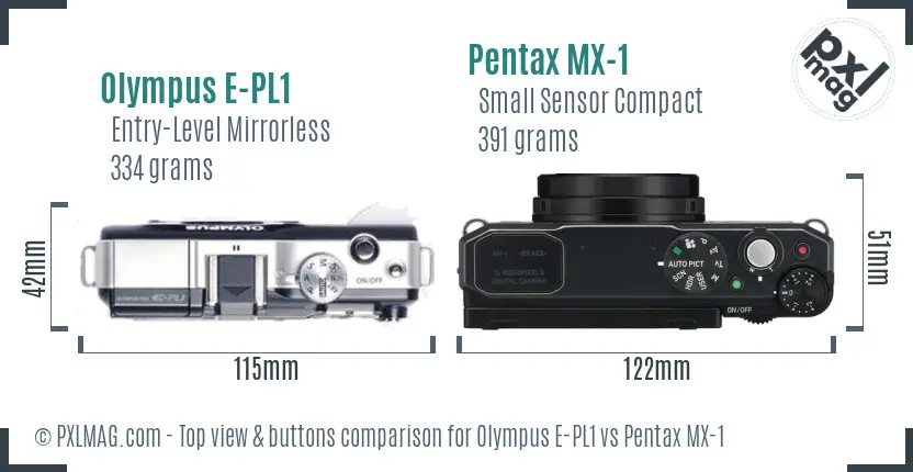 Olympus E-PL1 vs Pentax MX-1 top view buttons comparison