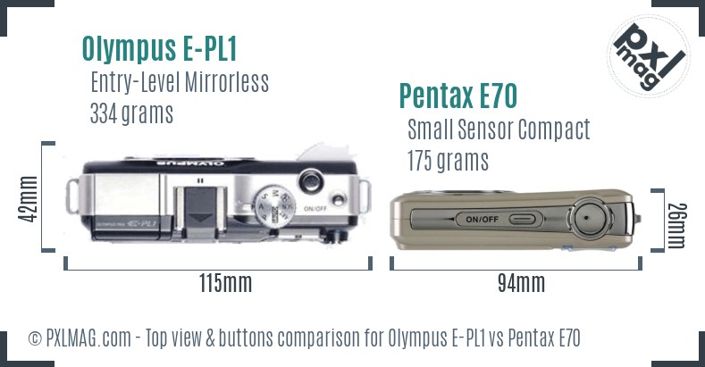 Olympus E-PL1 vs Pentax E70 top view buttons comparison