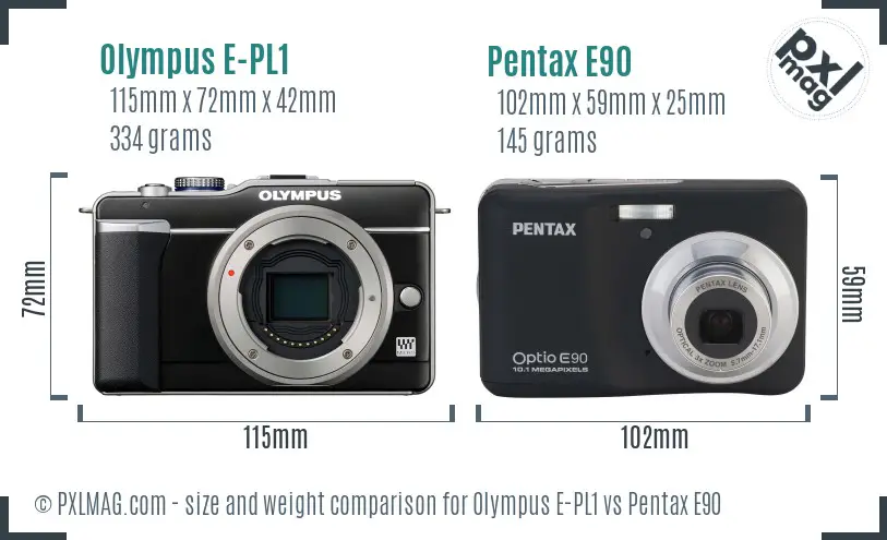 Olympus E-PL1 vs Pentax E90 size comparison