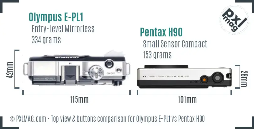 Olympus E-PL1 vs Pentax H90 top view buttons comparison