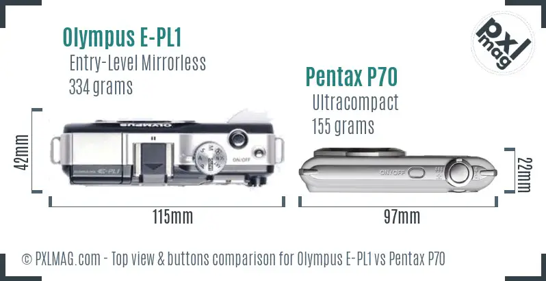 Olympus E-PL1 vs Pentax P70 top view buttons comparison